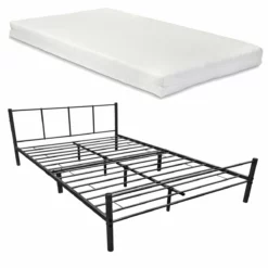 Cama Doble Laos De Metal Con Colchón De Espuma Fría 160 X 200cm Somier Negro Mate [en.casa]