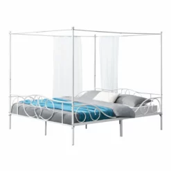 Cama Con Baldaquín Finström Marco Alto Con 4 Esquinas Acero 180 X 200 Cm -Blanco Mate [en.casa]