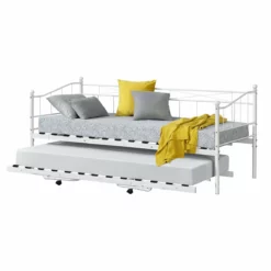 Cama Con Cama Supletoria Skutskär Con 4 Ruedas Metal90 X 200 Cm / Cama - Blanco Mate [en.casa]