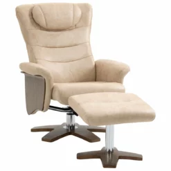 HOMCOM Sillón De Salón Con Otomana Reposapiés Tapizado En Microfibra Sillón Relax Reclinable Hasta 135° Y Giratorio 360° Con Respaldo Ajustable Para Salón Oficina 78x83x103 Cm Beige