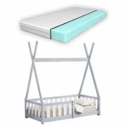 Cama Infantil Helsingborg Con Reja De Seguridad Y Colchón - Diseño Tipi - Pino 140x70 Cm - Gris Claro [en.casa]