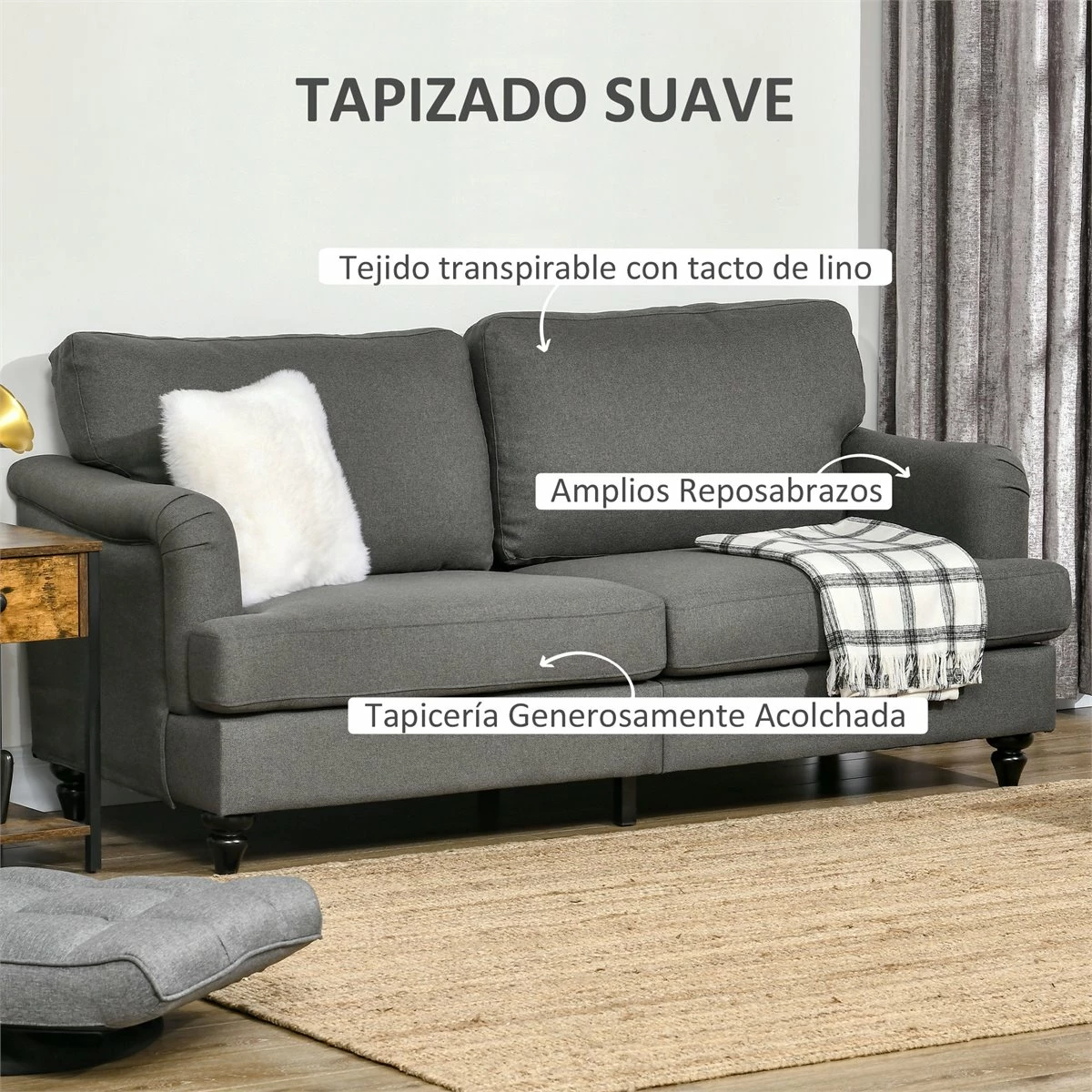 HOMCOM Sofá De 3 Plazas Sofá De Salón Moderno Tapizado En Lino Sintético Con Patas De Madera De Caucho Carga 300 Kg 180x82x73 Cm Gris Oscuro 4 HOMCOM Sofá De 3 Plazas Sofá De Salón Moderno Tapizado En Lino Sintético Con Patas De Madera De Caucho Carga 300 Kg 180x82x73 Cm Gris Oscuro - Imagen 4