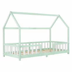 Cama Para Niños Sisimiut Forma De Casa Pino 90x200 Cm Verde Menta Y Blanco Mate [en.casa]