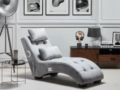 Chaise Longue De Terciopelo Gris Claro/negro/plateado Con Altavoz Bluetooth SIMORRE