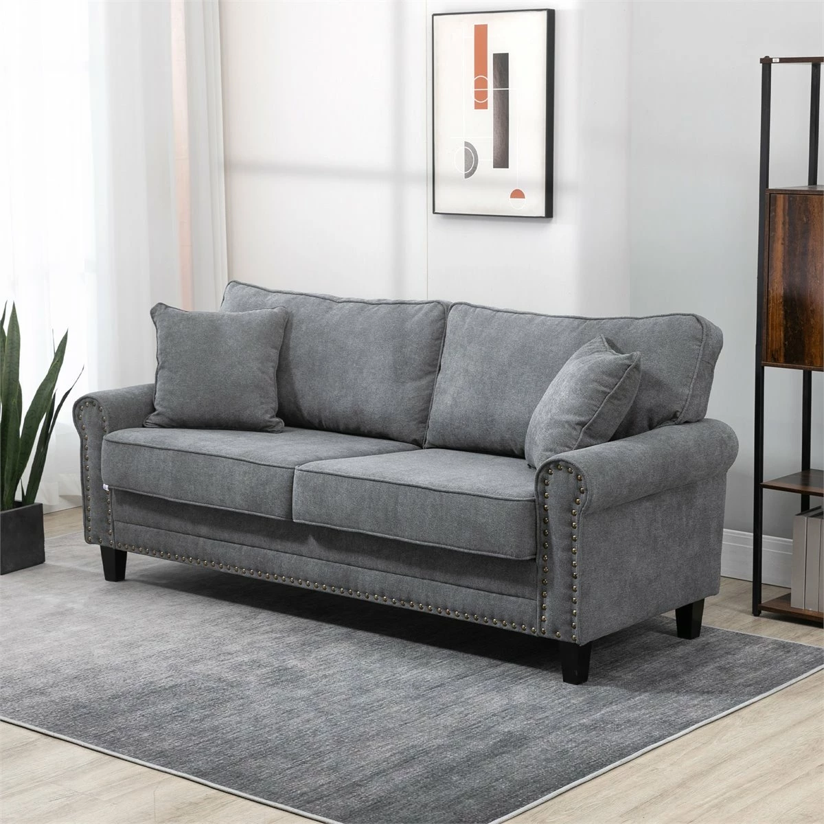 HOMCOM Sofá De 2 Plazas Sofá De Salón Moderno Tapizado En Poliéster Con 2 Cojines Ribete De Cabeza De Clavo Y Patas De Madera De Caucho 196x80,5x89 Cm Gris 2 HOMCOM Sofá De 2 Plazas Sofá De Salón Moderno Tapizado En Poliéster Con 2 Cojines Ribete De Cabeza De Clavo Y Patas De Madera De Caucho 196x80,5x89 Cm Gris - Imagen 2