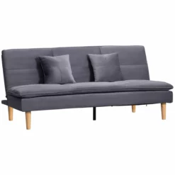 HOMCOM Sofá Cama De 3 Plazas Tapizado En Franela Con Respaldo Ajustable En 2 Posiciones 2 Cojines Y Patas De Madera Sofá Moderno Para Salón Oficina 181x92x84 Cm Gris