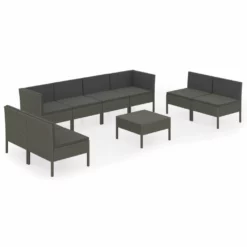 Set De Muebles De Jardín 9 Pzas Y Cojines Ratán Sintético Gris VidaXL