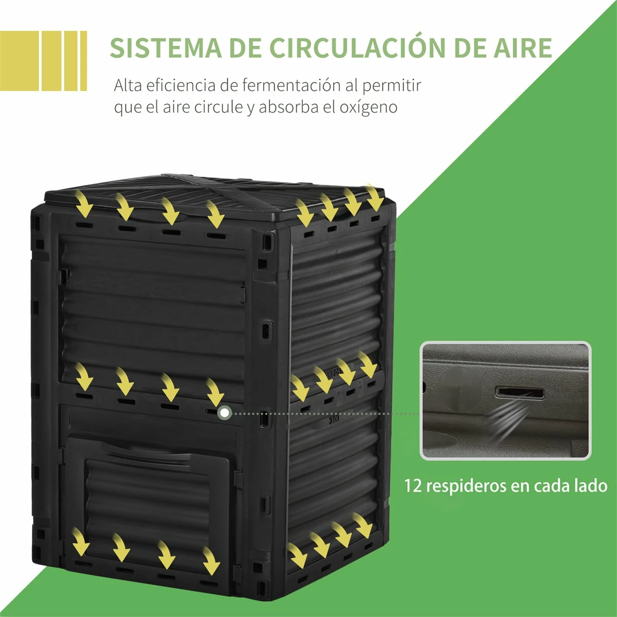 Outsunny Compostador Capacidad De 300L Compostera Orgánica Para Producción Abono De Jardín Exterior Con 48 Respiraderos 60,5x60,5x81,5 Cm Negro 6 Outsunny Compostador Capacidad De 300L Compostera Orgánica Para Producción Abono De Jardín Exterior Con 48 Respiraderos 60,5x60,5x81,5 Cm Negro - Imagen 6