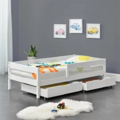 Cama Para Niños Borgarnes Con 2 Cajones, Somier Y Protección Contra Caídas - Pino 90 X 200 Cm - Blanco [en.casa]
