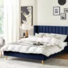 Cama Con Somier De Terciopelo Azul Marino 160 X 200 Cm VILLETTE