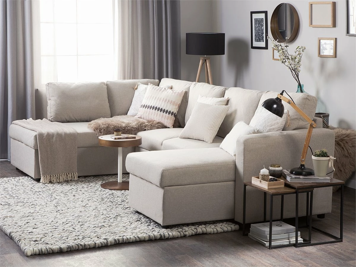 Sofá Cama Esquinero Tapizado Beige KARRABO 1 Sofá Cama Esquinero Tapizado Beige KARRABO