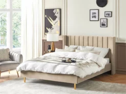 Cama Con Somier De Terciopelo Beige 160 X 200 Cm VILLETTE