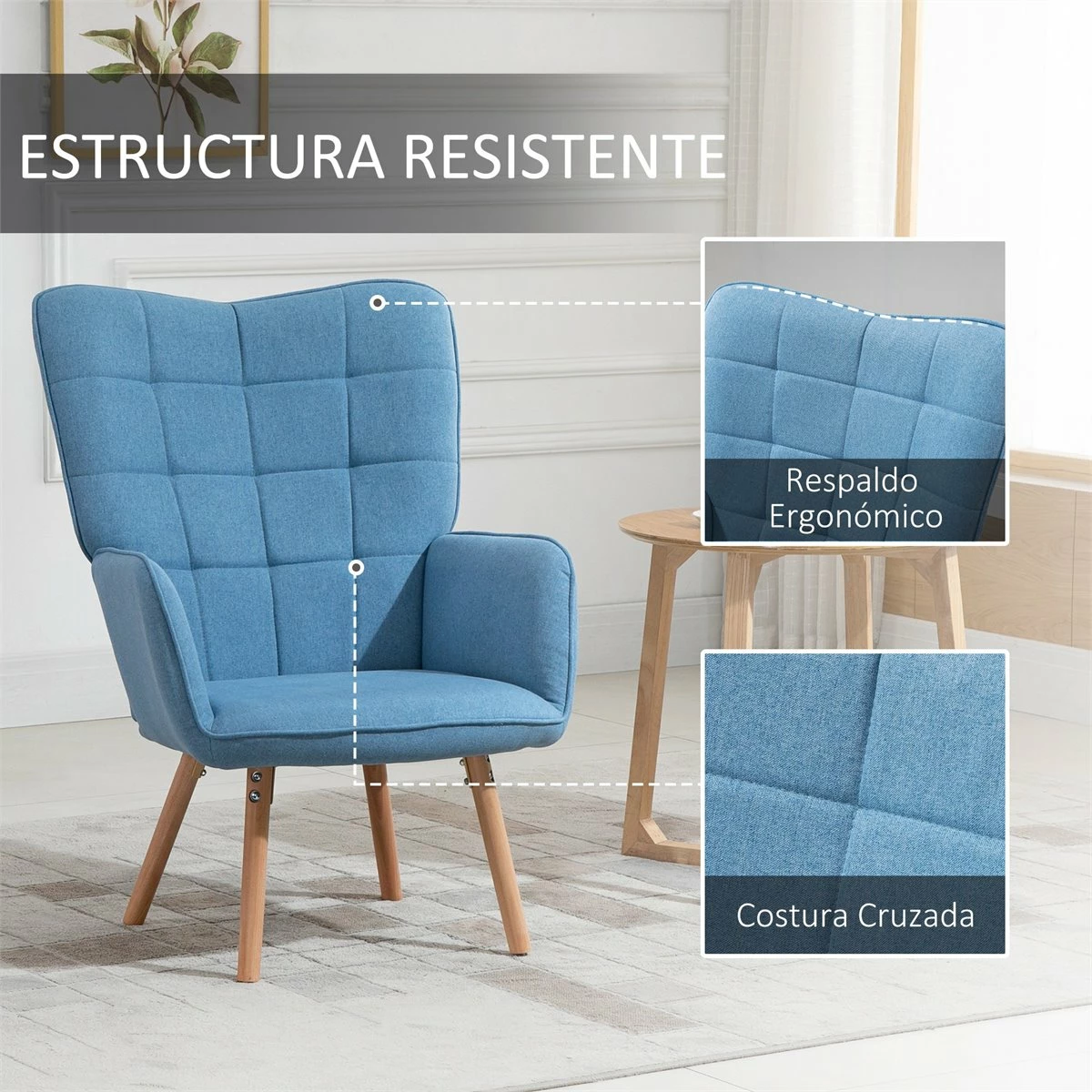 HOMCOM Butaca De Salón Moderna Sillón Con Respaldo Alto Reposabrazos Tela De Lino Y Patas De Madera De Haya Para Comedor Cocina 71x76x101 Cm Azul 5 HOMCOM Butaca De Salón Moderna Sillón Con Respaldo Alto Reposabrazos Tela De Lino Y Patas De Madera De Haya Para Comedor Cocina 71x76x101 Cm Azul - Imagen 5
