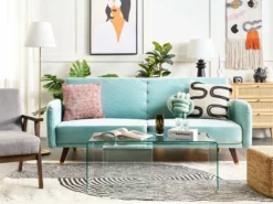 Sofá Cama 3 Plazas De Terciopelo Azul Claro/madera Oscura SENJA