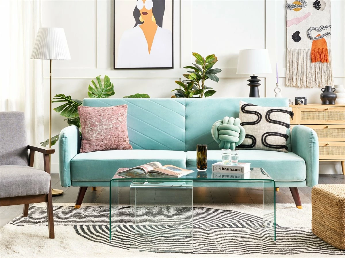 Sofá Cama 3 Plazas De Terciopelo Azul Claro/madera Oscura SENJA 1 Sofá Cama 3 Plazas De Terciopelo Azul Claro/madera Oscura SENJA