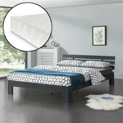 Cama Doble Svensby Con Somier Y Colchón De Pino 180x200 Cm - Gris Oscuro [en.casa]