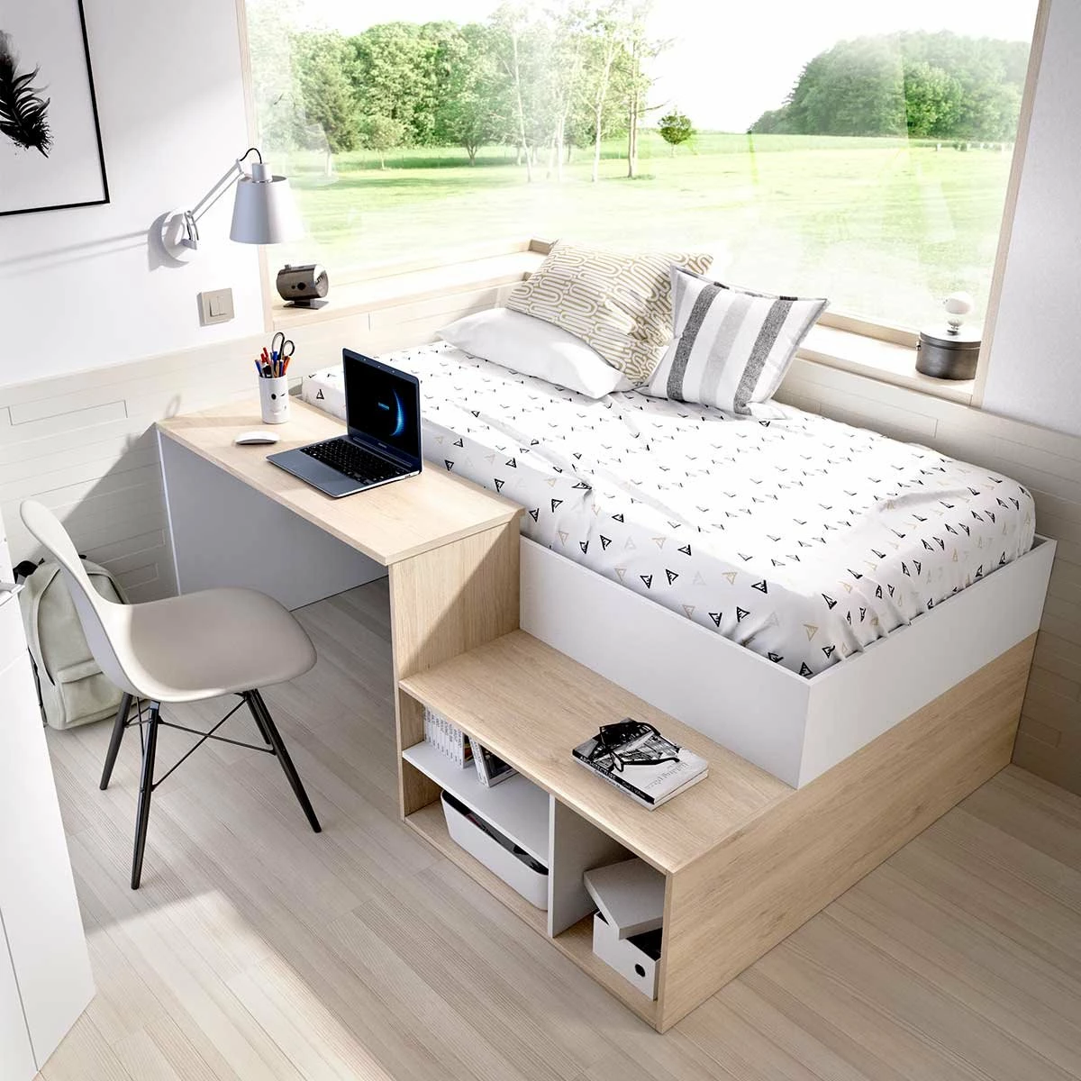 Cama Compacta Con Escritorio Kric Blanco/natural 72x195x134 Cm 3 Cama Compacta Con Escritorio Kric Blanco/natural 72x195x134 Cm - Imagen 3