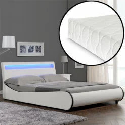 Corium Cama Doble (Valencia) De Cuero Sintético Con Colchón Y LED - (140cm X 200cm) - (blanco)