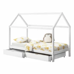 Cama Infantil Lund - Forma De Casa - Con 2 Almacenamientos - Pino - 200 X 90 Cm Blanco Mate [en.casa]