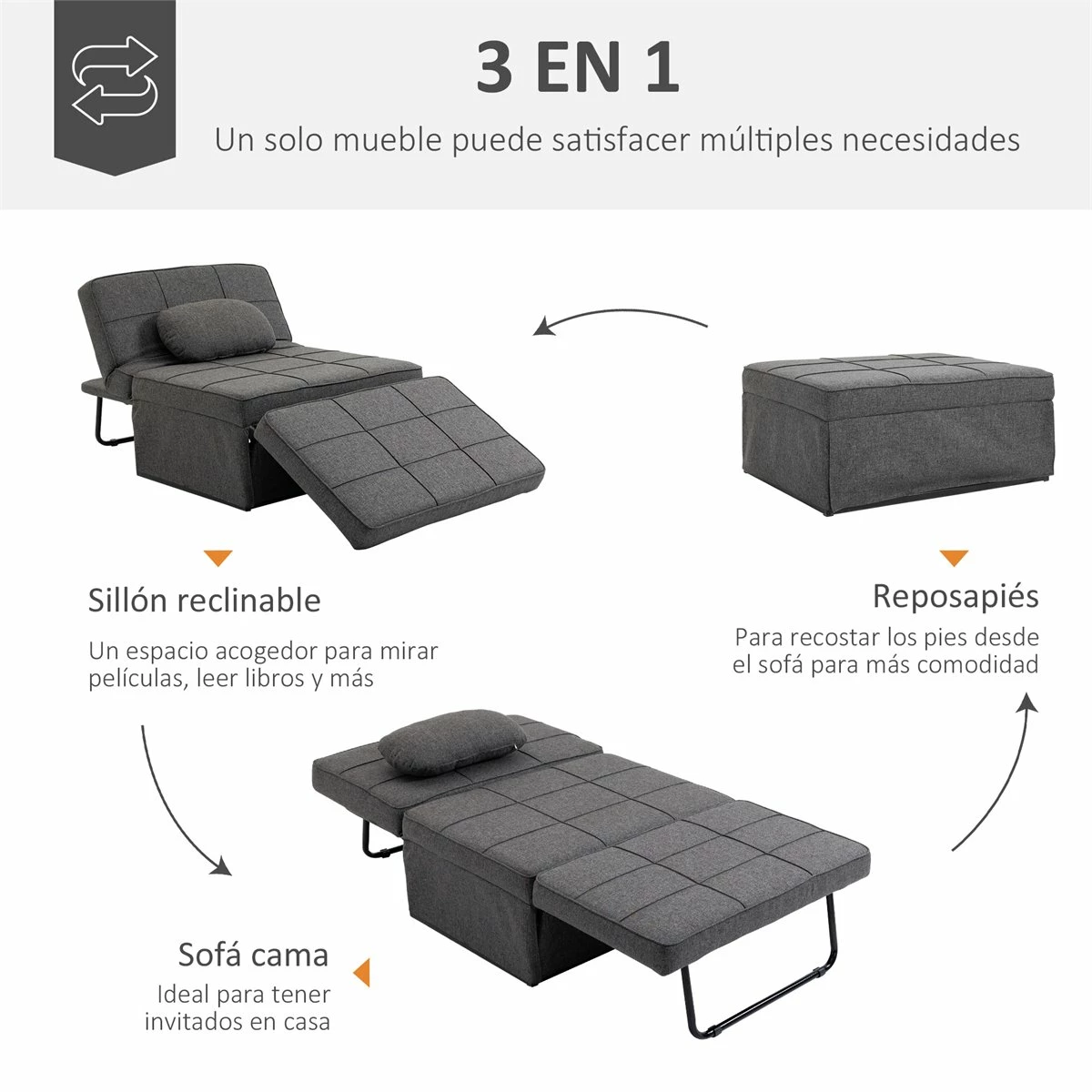 HOMCOM 3 En 1 Sofá Cama Individual Tapizada En Lino Sillón Reclinable En 5 Posiciones Convertible Reposapiés Con Reposacabezas Para Salón Carga 200 Kg 95x189x43 Cm Gris 4 HOMCOM 3 En 1 Sofá Cama Individual Tapizada En Lino Sillón Reclinable En 5 Posiciones Convertible Reposapiés Con Reposacabezas Para Salón Carga 200 Kg 95x189x43 Cm Gris - Imagen 4