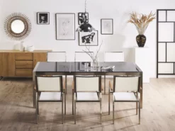 Mesa De Comedor De Metal/granito Gris Oscuro/plateado 220 X 100 Cm GROSSETO